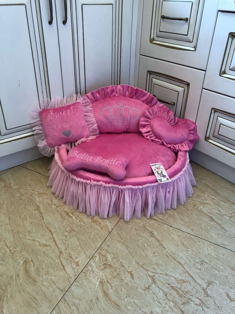 Pink Princess Dog Bed With Crown Sparkles Luxury Personalized Etsy