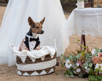 Golden beige sequins dog tuxedo with black bow tie Dog wedding attire Formal dog suit Swallow-tailed dog coat Birthday dog Custom dog tux