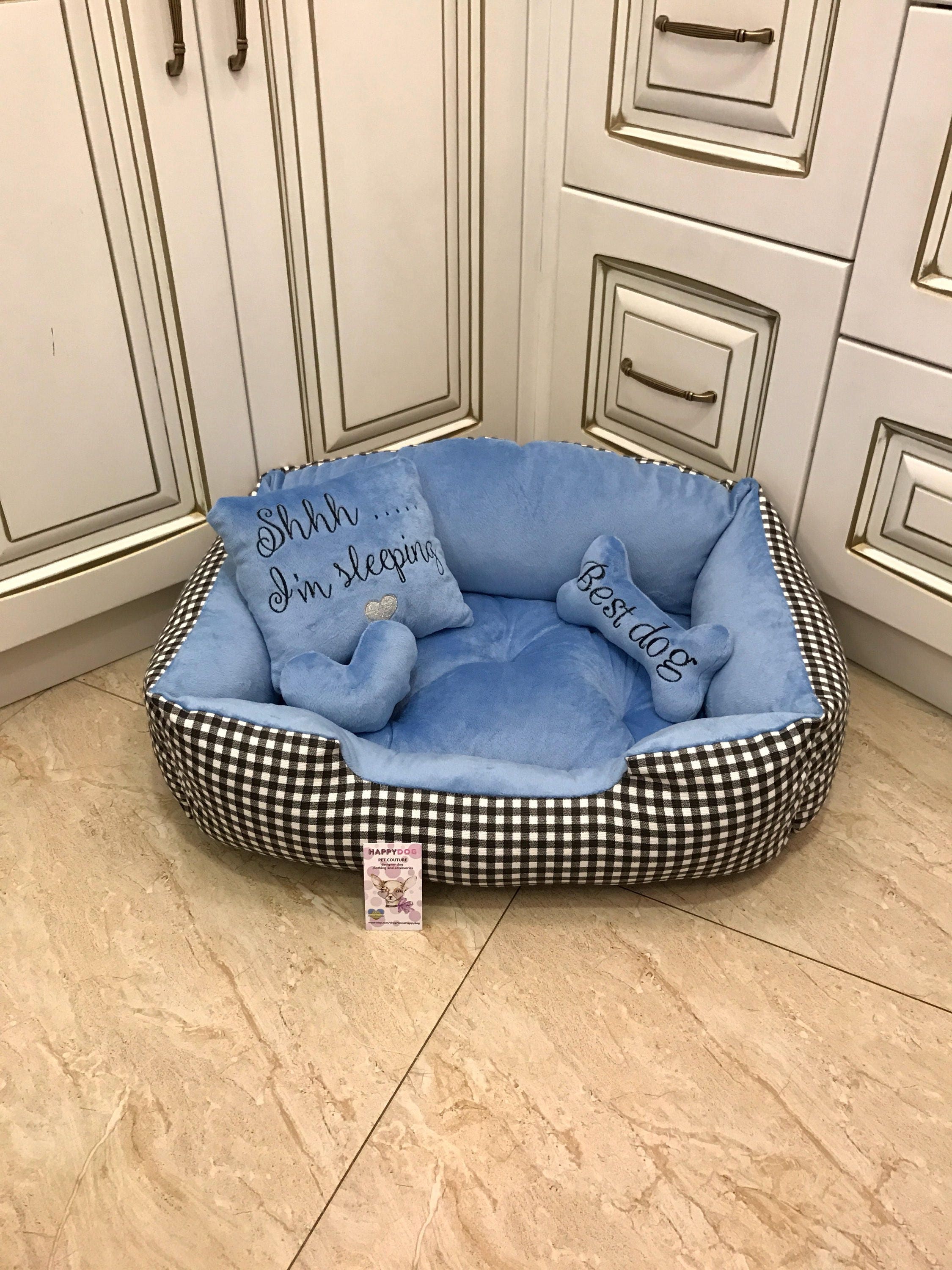 Blue and black tartan dog bed Customized plaid dog bed Luxury Etsy