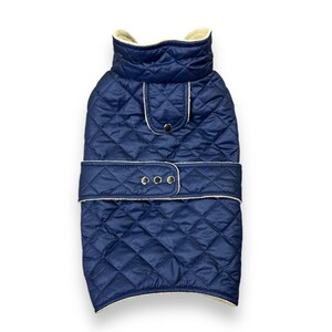 Dark Blue Quilted Dog Cape with Soft Beige Faux Fur Lining