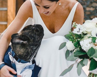 Navy blue dog tuxedo with blue bow tie Bespoke dog tux Dog wedding attire Formal dog suit Birthday dog costume French bulldog tuxedo