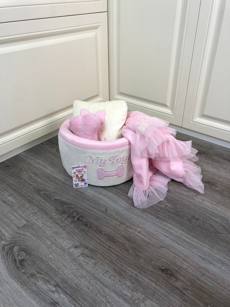 Cream and baby pink dog toy basket Toy storage for dog Cat Etsy