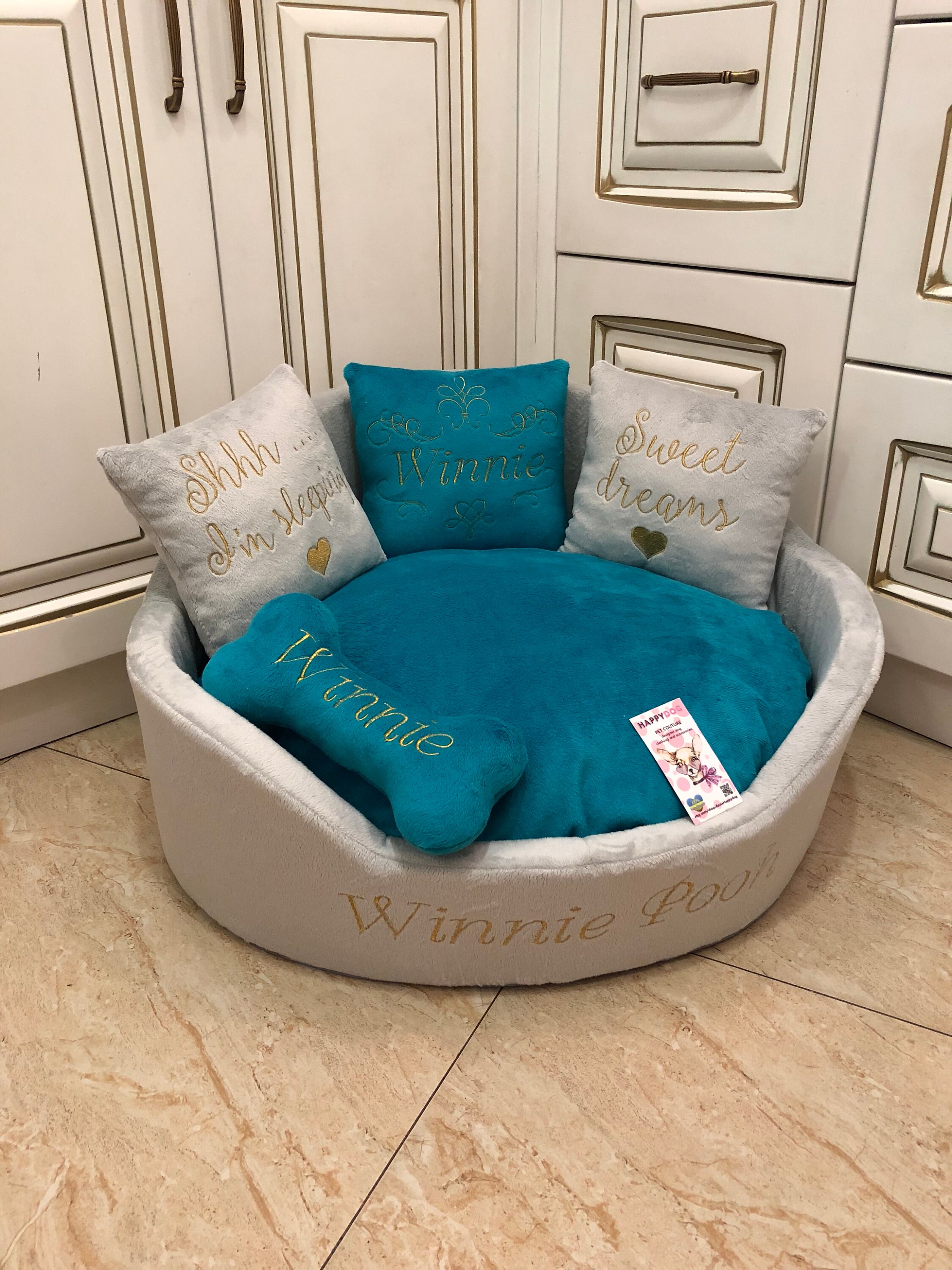 Light gray and teal designer dog bed Luxury bed for dog Etsy