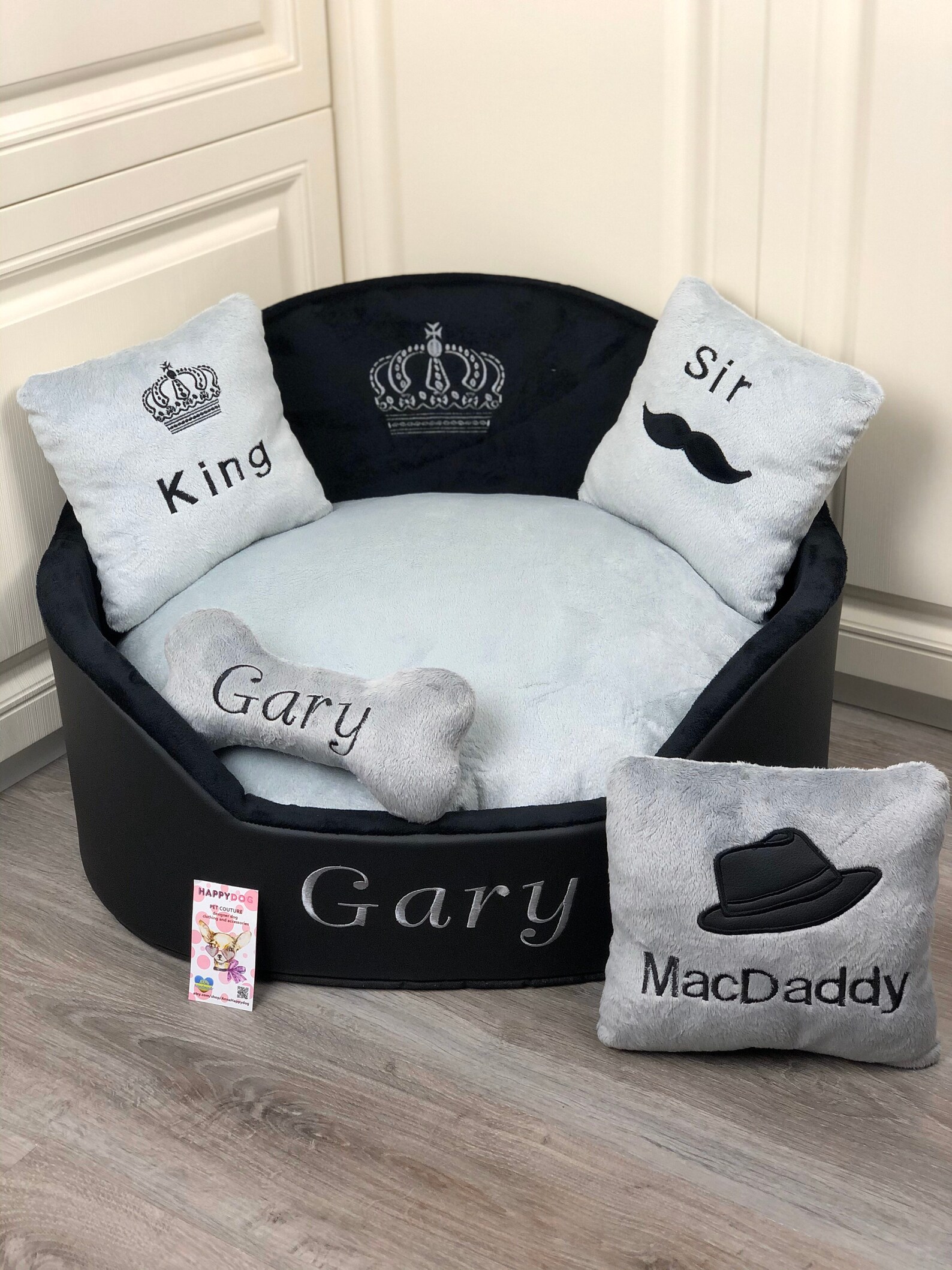 Black and Gray Personalized Dog Bed Faux Leather Pet Bed Etsy