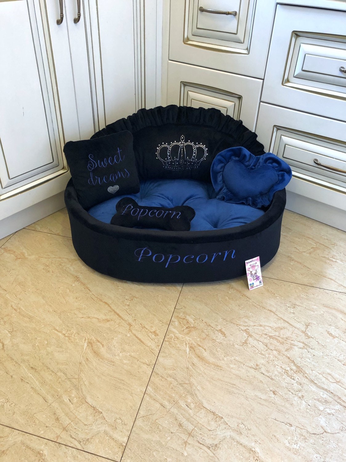 Black and Hot Pink Princess Dog Bed With Crown Sparkles 