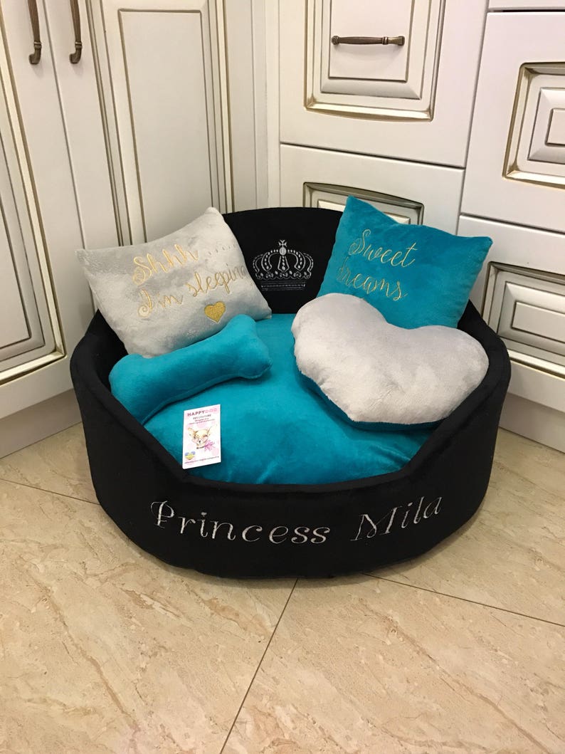 Princess dog bed in teal and black Personalized pet bed Large Etsy