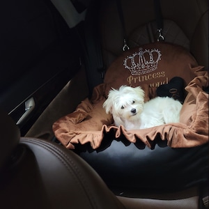 Zwart en chocoladebruin luxe hondenautostoeltje Zwart kunstleer hondenrijset Designer hondenautostoeltje Luxe hondenmand voor op reis
