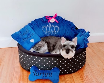 Cama para perros azul marino personalizada, cama de lujo para mascotas con bordado de corona.
