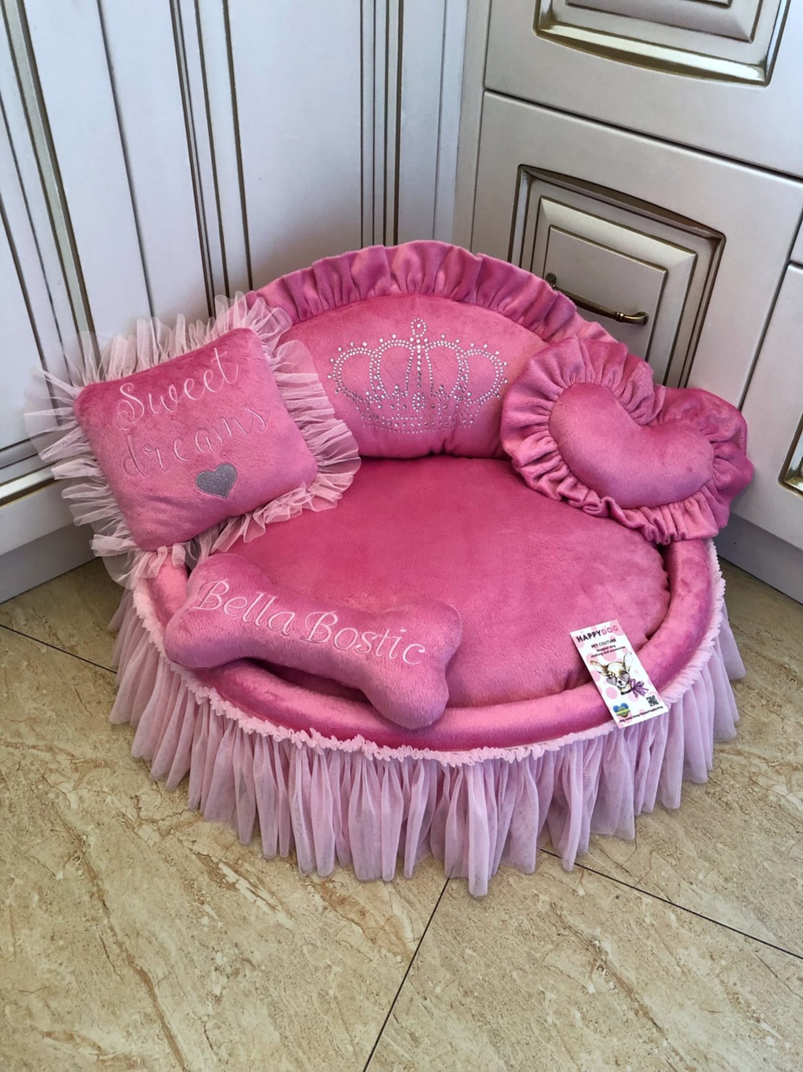 Pink Princess Dog Bed With Crown Sparkles Designer Pet Bed Cat Etsy