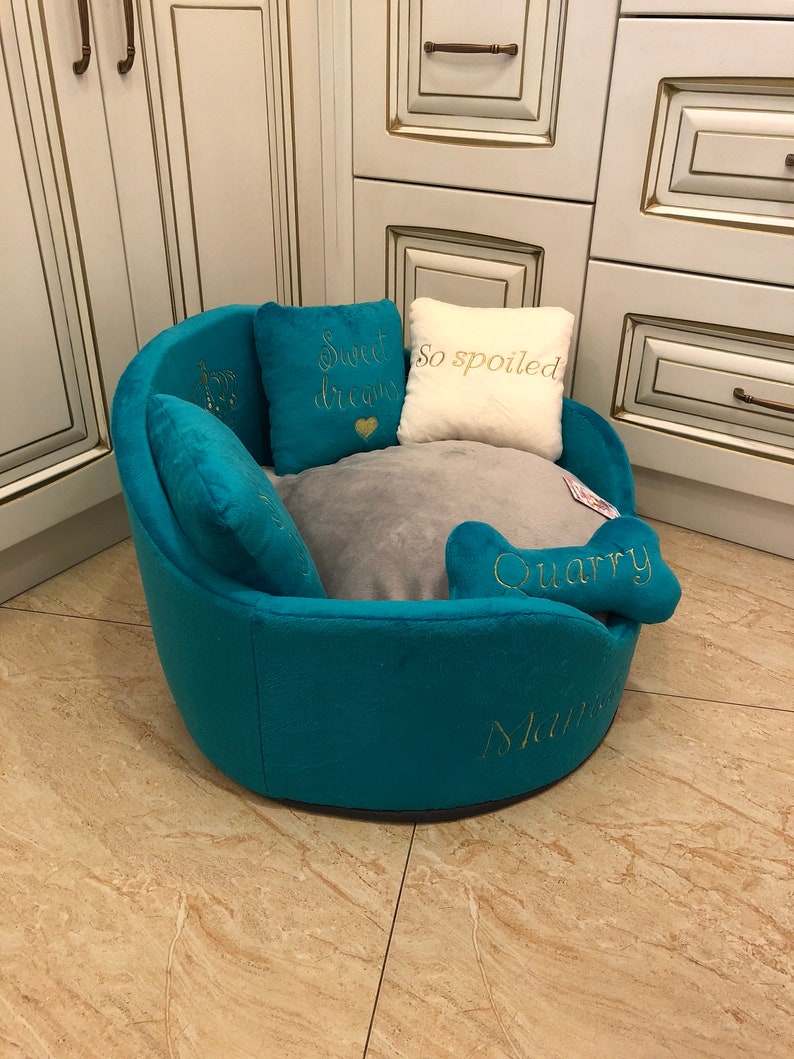 Gray and Teal Royal Dog Bed Personalized Designer Pet Bed Cat Etsy
