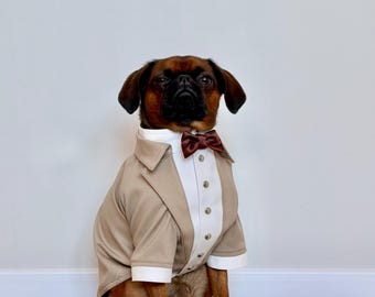 Custom Beige Dog Tuxedo, Chocolate Brown Bow Tie, Wedding Dog Outfit, Formal Wear