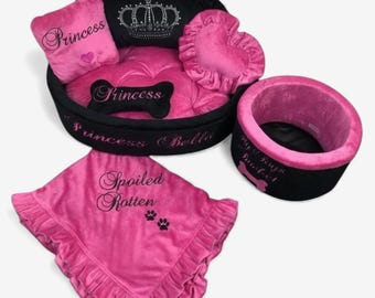 Black & Hot Pink Princess Dog Bed: Personalized Rhinestone Crown Pet Pillow