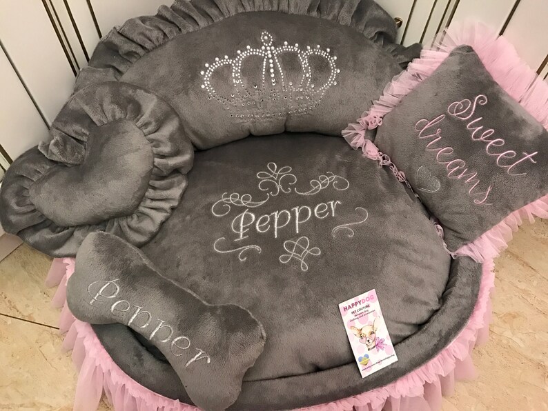 Gray and Baby Pink Princess Dog Bed With Crown Sparkles Etsy