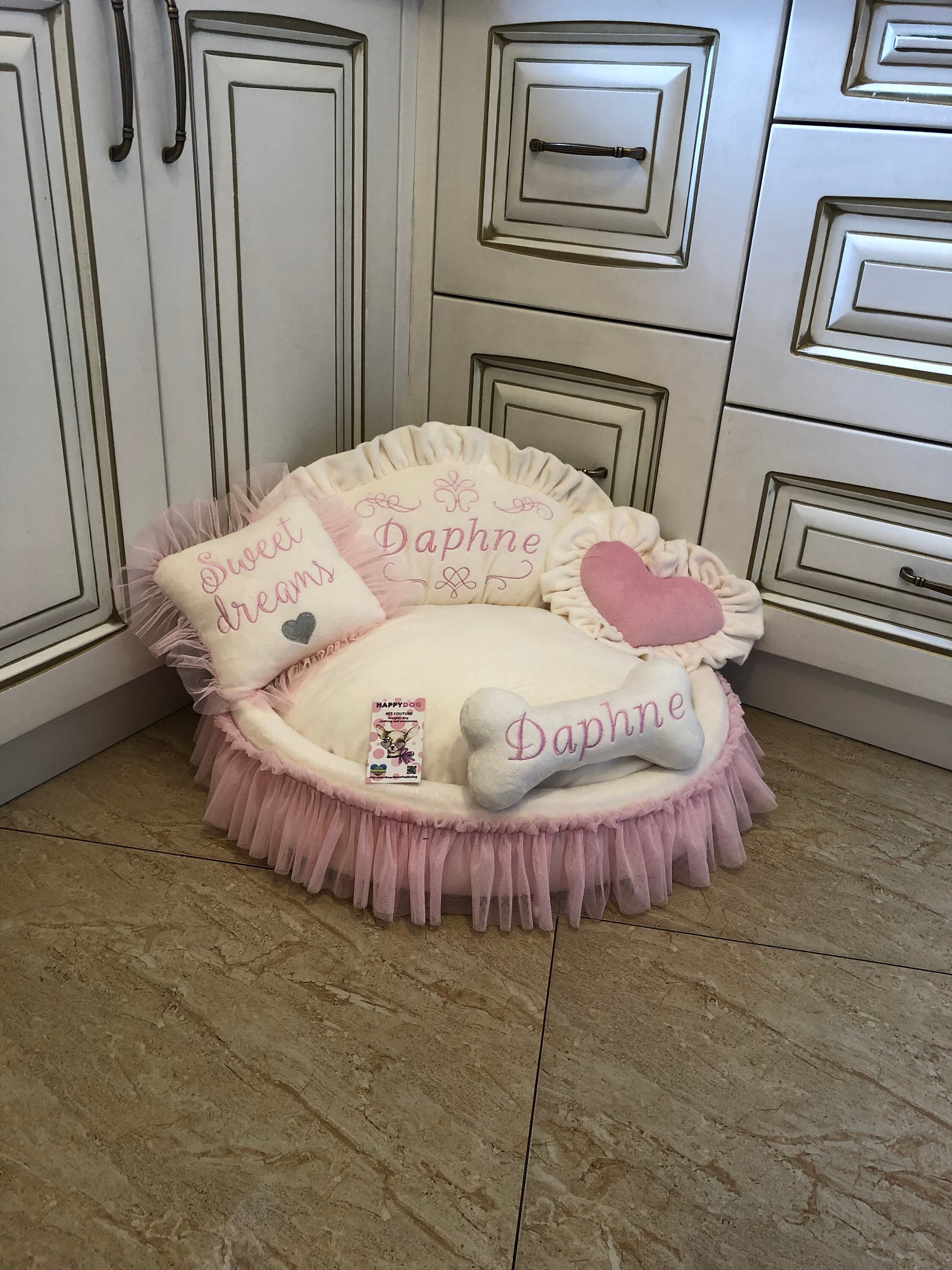 Cream and baby pink designer dog bed Puppy bed for princess Etsy