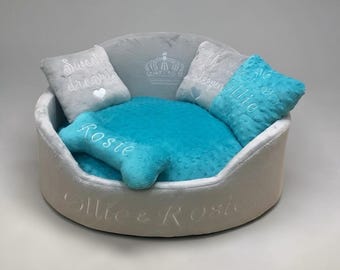 Personalized Minky Dog Bed, Light Gray Turquoise Pet Sofa, Custom Embroidered Puppy Bed
