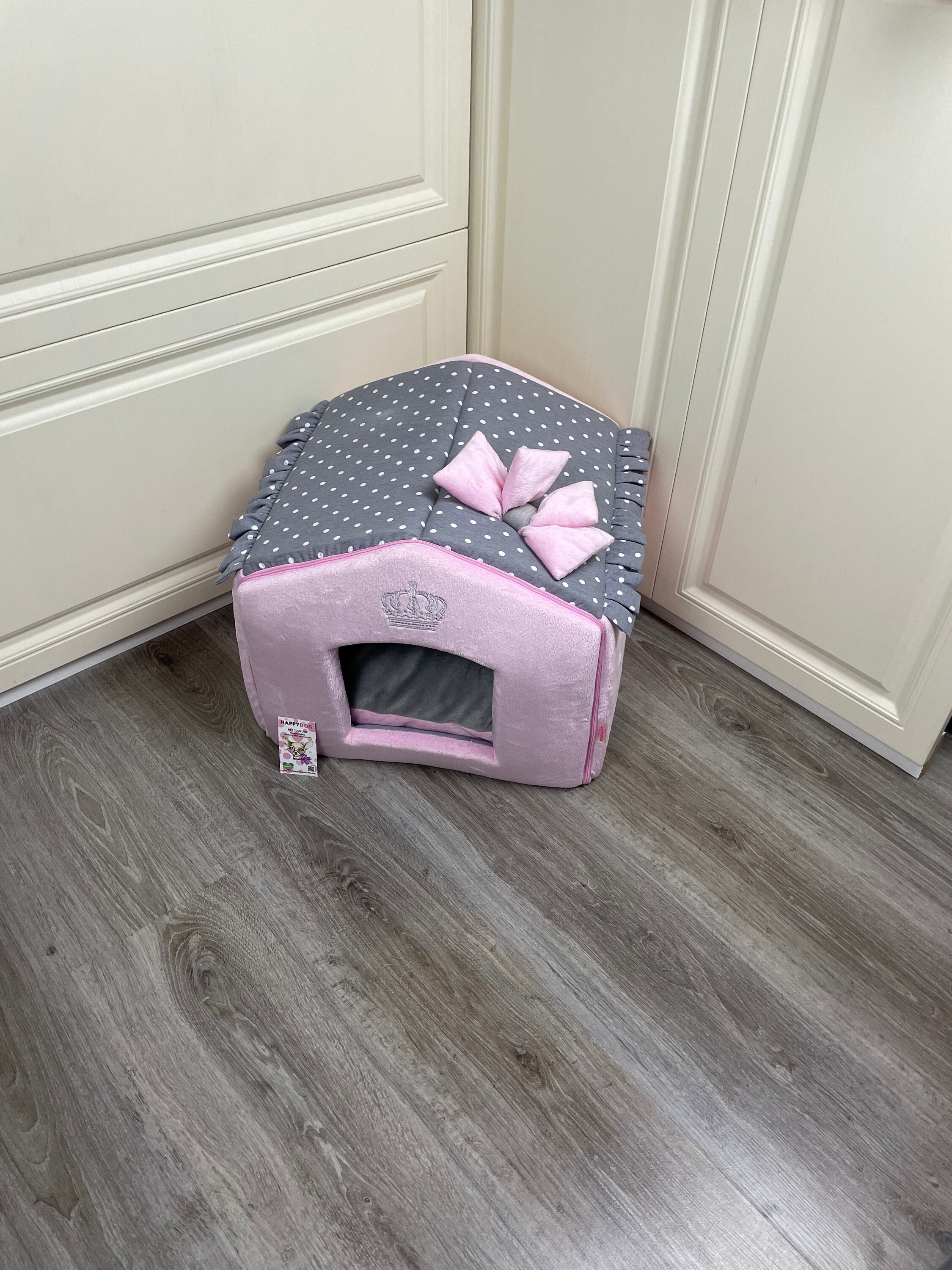 Pink Polka Dot Dog House Minky Pet Bed With Crown Or Custom Name