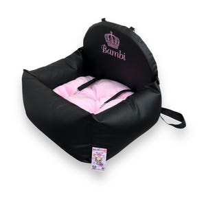 Zwart en roze hondenautostoeltje Luxe roze autostoeltje Designer hondenautostoeltje Luxe hondenmand voor op reis Gepersonaliseerd autostoeltje voor hond