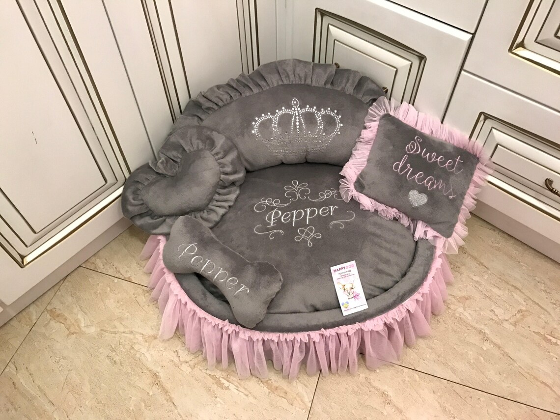 Gray and baby pink princess dog bed with crown sparkles Etsy