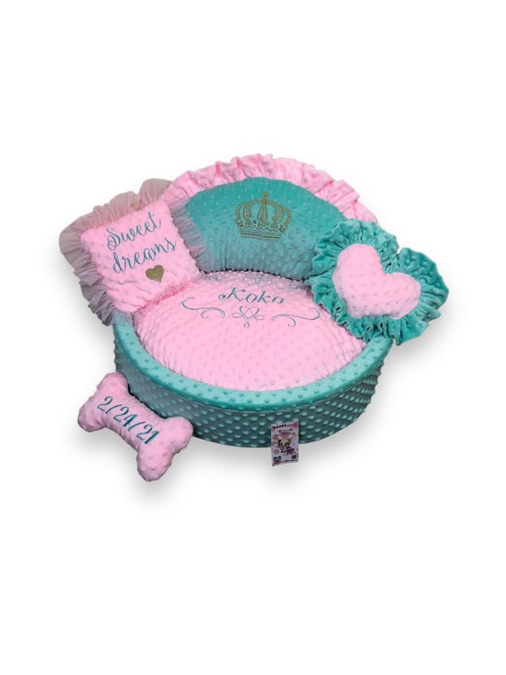 Plush Dog Bed: Mint & Pink Pet Bed with Pillows, Personalized Option