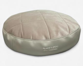 Cama de felpa beige para mascotas: cama redonda de diseño para perros y gatos, con almohada personalizada