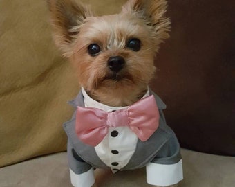 Dog wedding attire in gray Formal suit for dog with bow tie Evening outfit for dog Swallow-tailed coat for dog Birthday dog costume