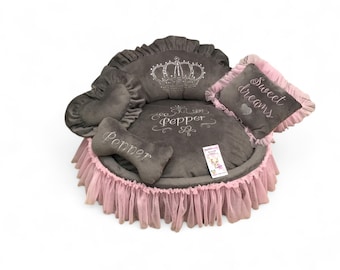 Gray and baby pink princess dog bed with crown sparkles Designer pet bed Cat bed Medium or small dog bed in grey Personalized dog bed