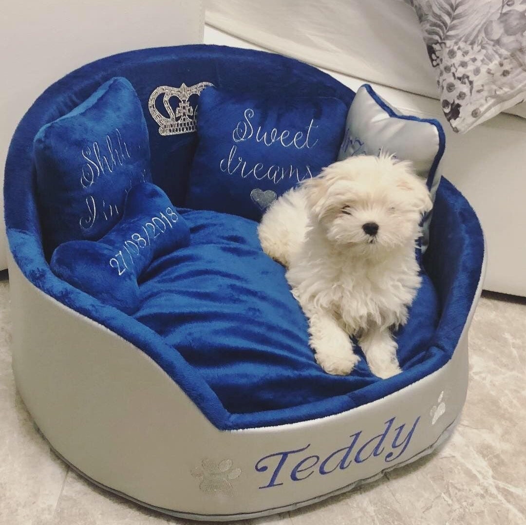Navy Silver Faux Leather Dog Bed: Personalized Designer Pet Bed