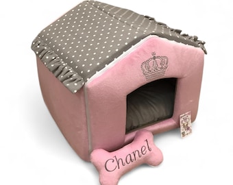 Personalized Pink Polka Dot Dog House: Minky Fur Pet Bed