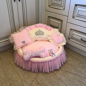 Baby pink and cream princess dog bed with crown sparkles Puppy bed for princess dog Designer pet Cat bed Medium or small Personalized bed image 10