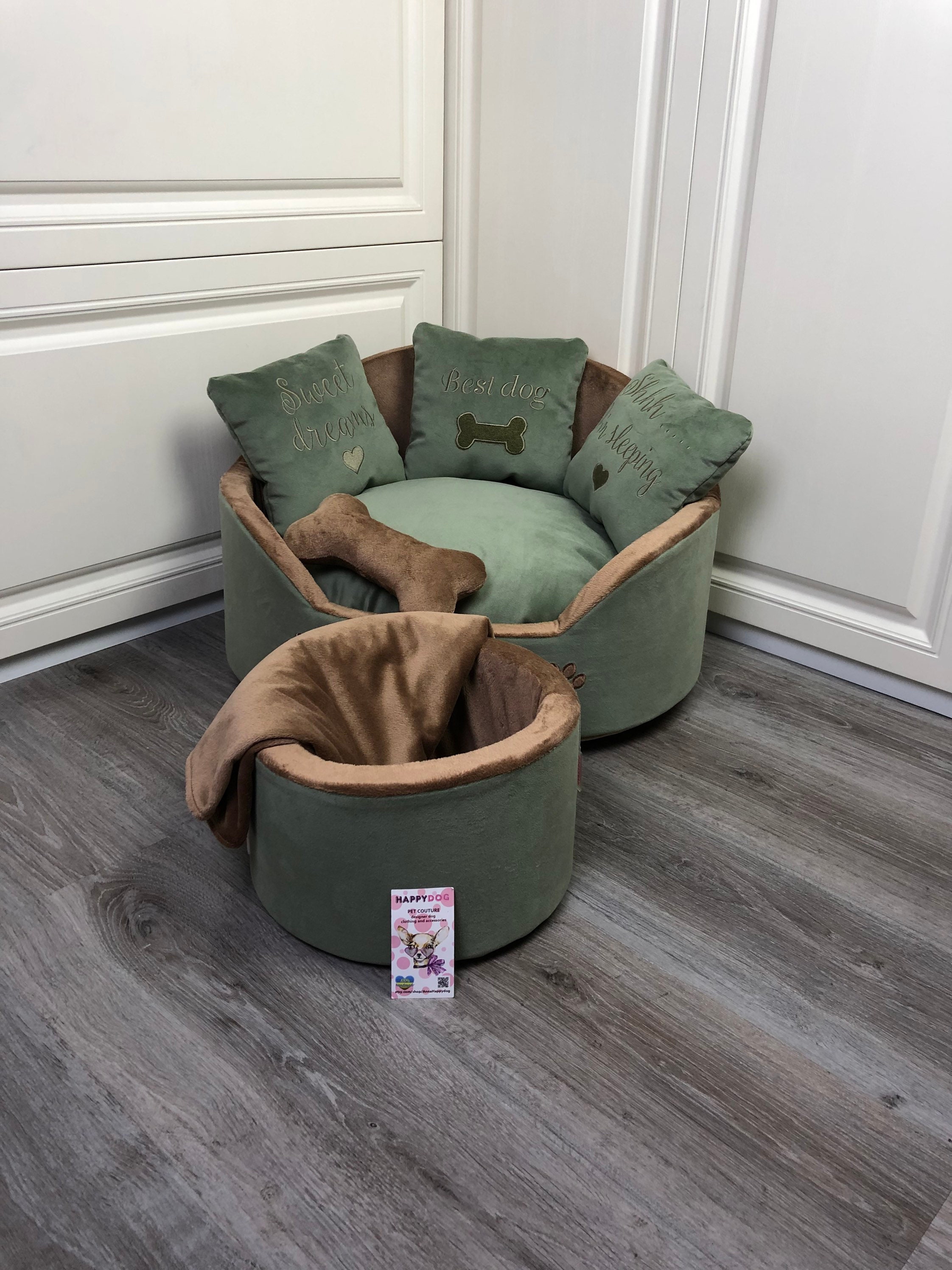 Sage green and brown luxury dog bed Designer pet bed Cat bed Etsy