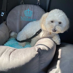 Grijs en mintgroen luxe hondenautostoeltje Drijfpakket voor hond Designer hondenautostoeltje Luxe hondenbed voor op reis Aangepast hondenautostoeltje