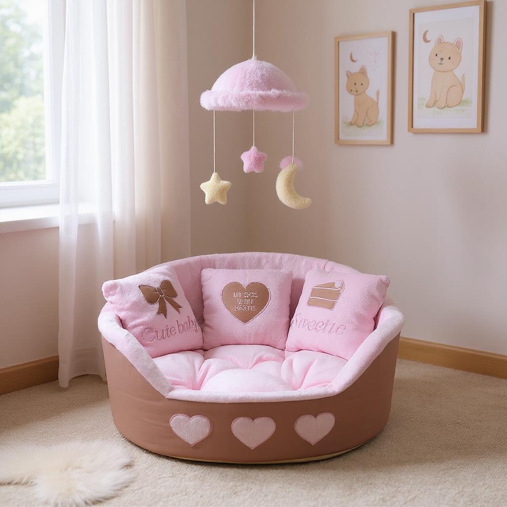 ブラッシュピンクのプリンセス犬用ベッド：枕付きフェイクレザーペット