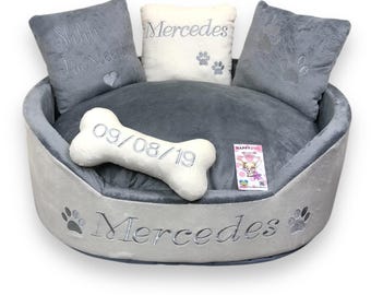 Cama personalizada para perros: Minky gris crema, cama personalizada con almohadas