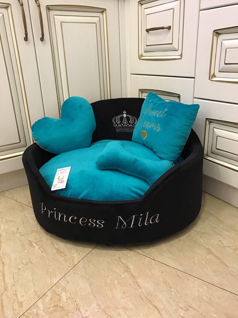 Princess dog bed in teal and black Personalized pet bed Large Etsy