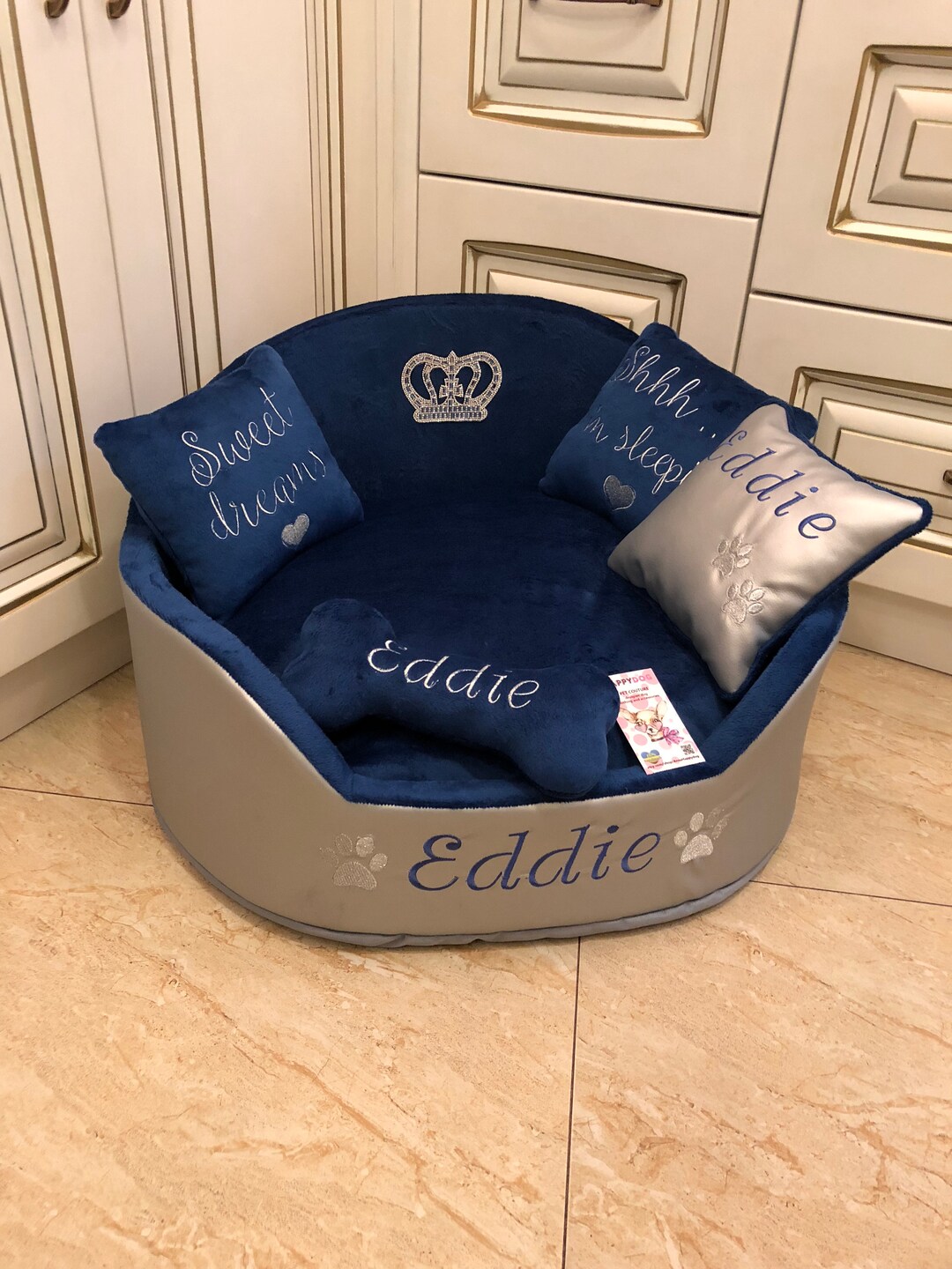 Blue and Silver Personalized Dog Bed Eco Leather Pet Bed Designer Pet