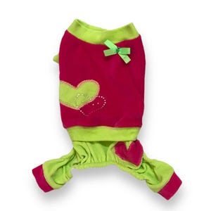 Organic Cotton Velour Dog Jumpsuit Pink Green Romper with Rhinestone Heart & Bow Custom Pet Outfit for Small Dogs