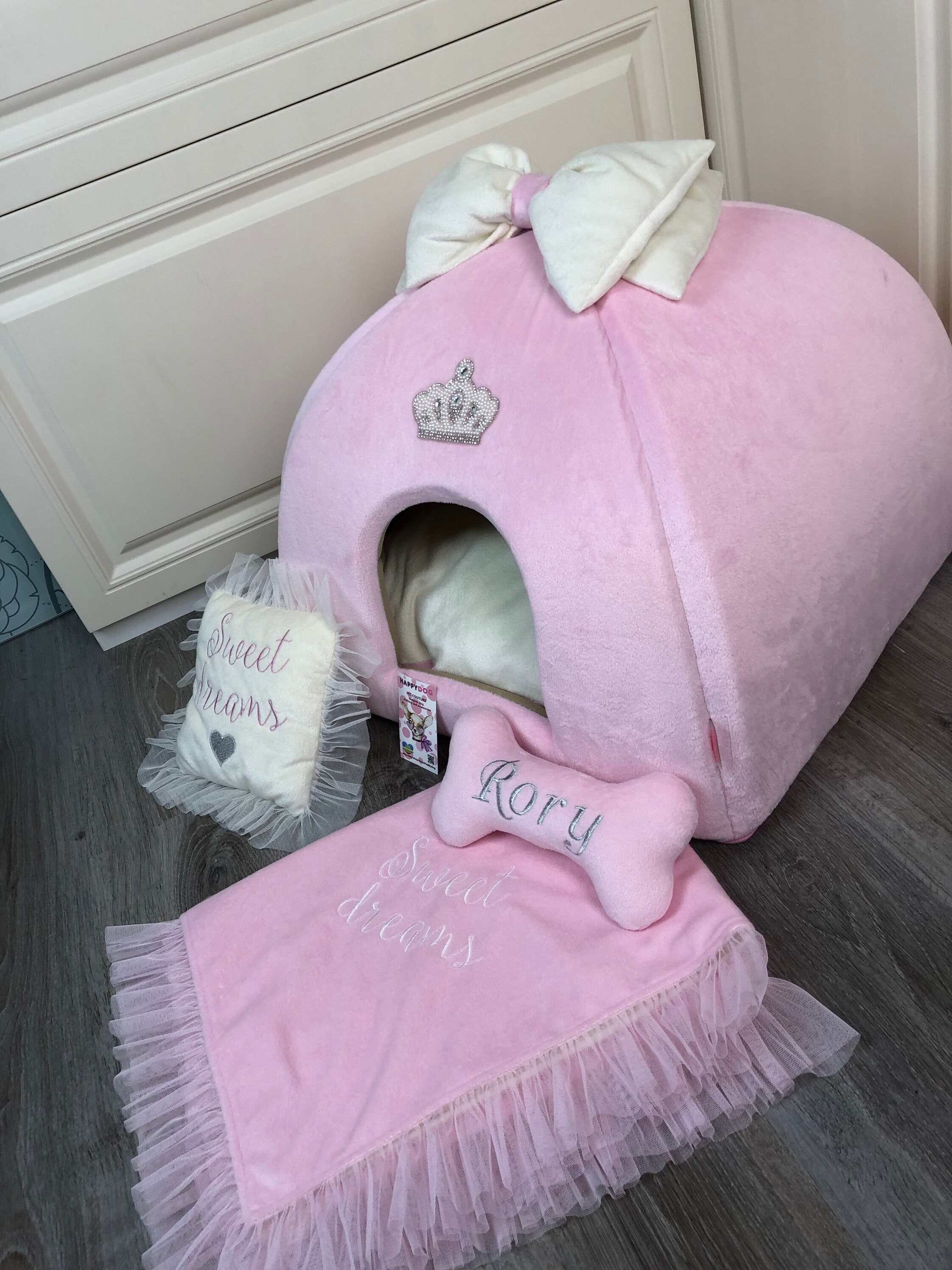 Cream and baby pink dog house with bow Luxury dog bed Etsy