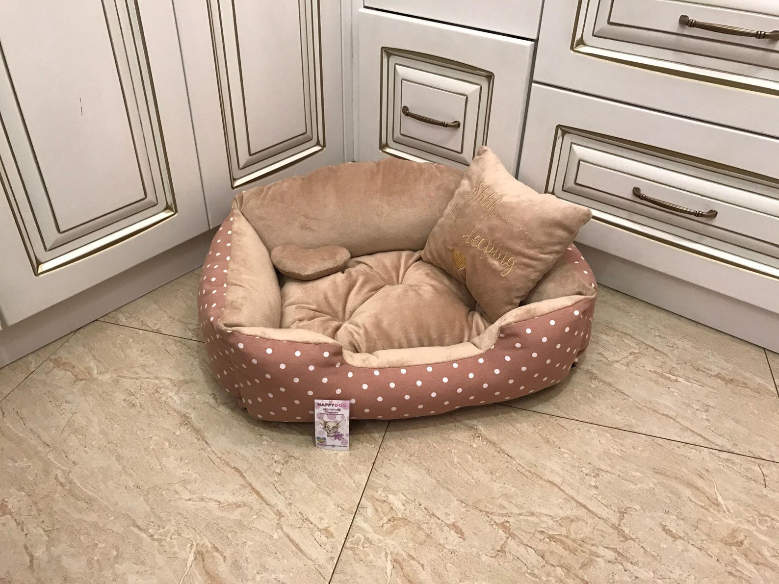 Beige and Polka Dot Dog Bed Princess Dog Bed Personalized Dog Etsy