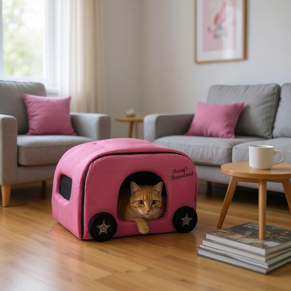 ピンクカー♡犬用ベッド 鮮やかなピンクの犬用車用ベッド：手作りミンキーファーペットハウス