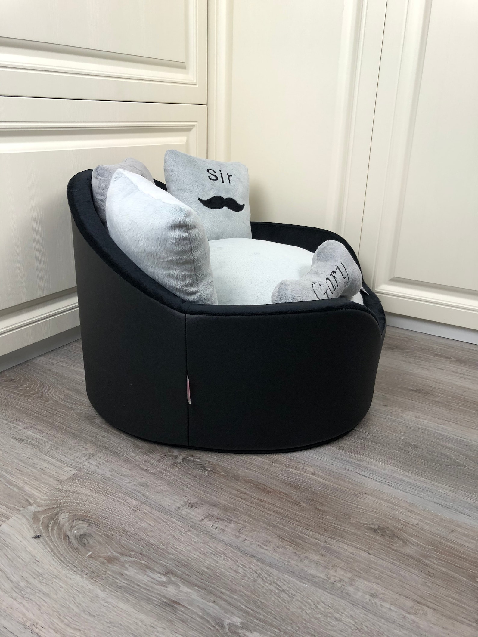 Black and Gray Personalized Dog Bed Faux Leather Pet Bed Etsy