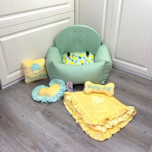 Mint en gele luxe hond autostoel Luxe gele rijden kit Designer hond autostoel Luxe hondenbed voor reizen Aangepaste autostoel