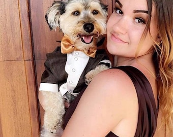 Custom Fit Dog Tuxedo: Brown Formal Suit with Satin Bow