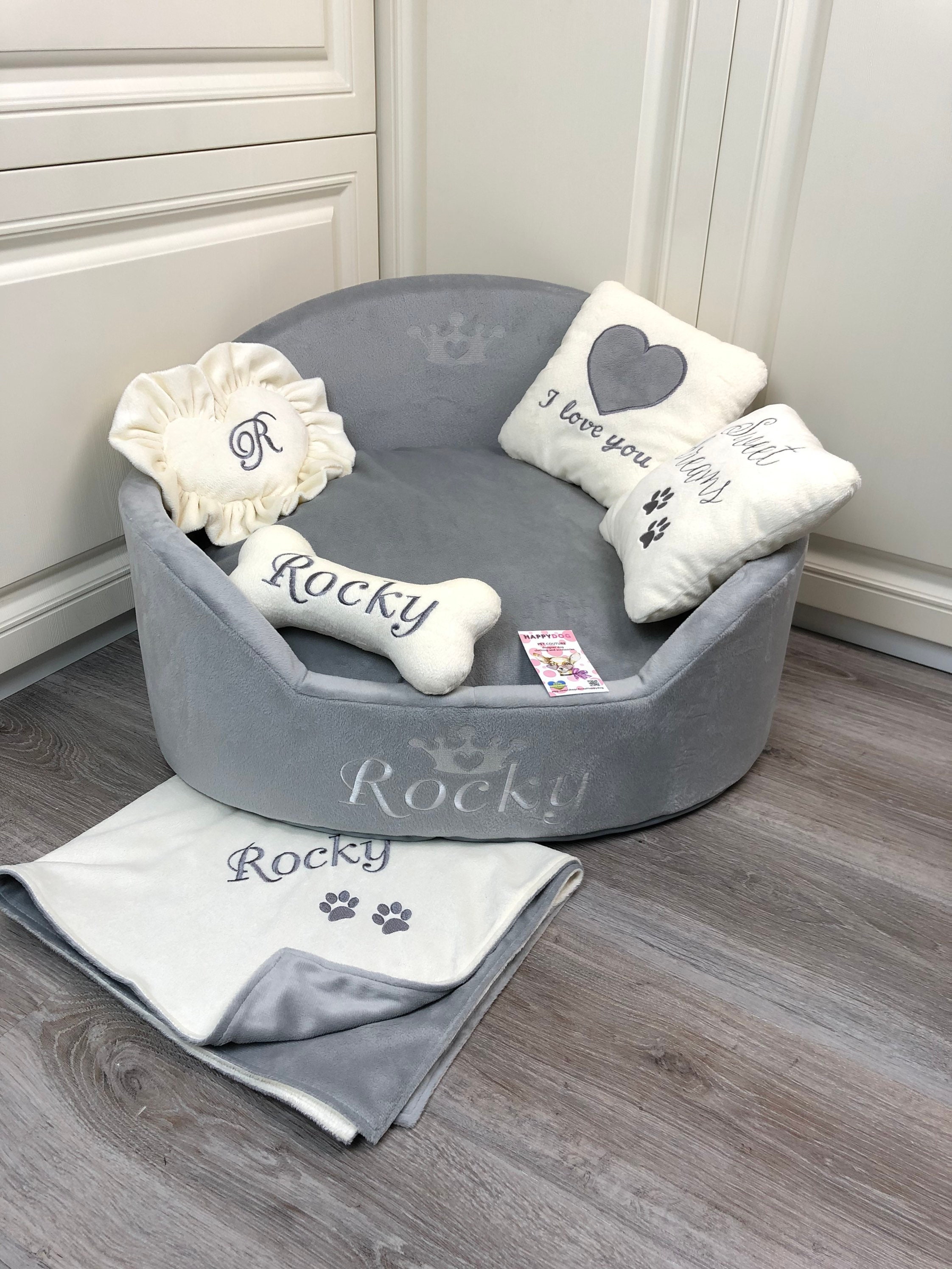 Gray and cream personalized dog bed Luxury dog bed Designer Etsy