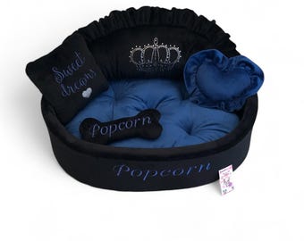 Black and Navy Blue Luxury Dog Bed with Crown Sparkles – Personalized Pet Bed for Small or Medium Dogs