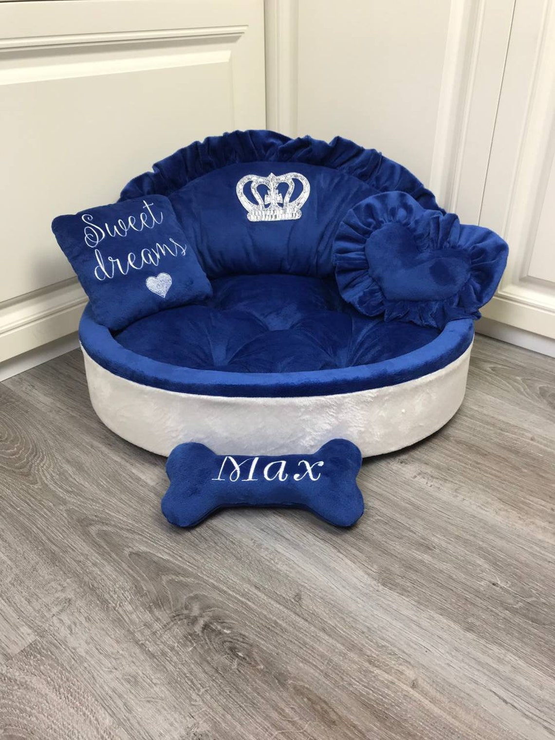 Navy Blue and Cream Luxury Dog Bed With Crown Sparkles Etsy