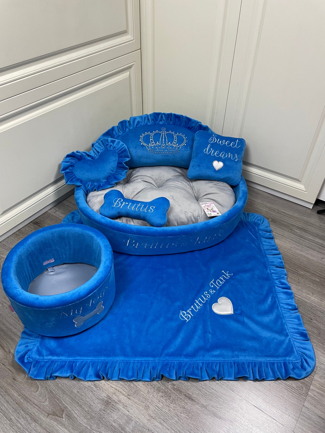 Blue and Gray Personalized Dog Bed Personalized Puppy Bed Blue and