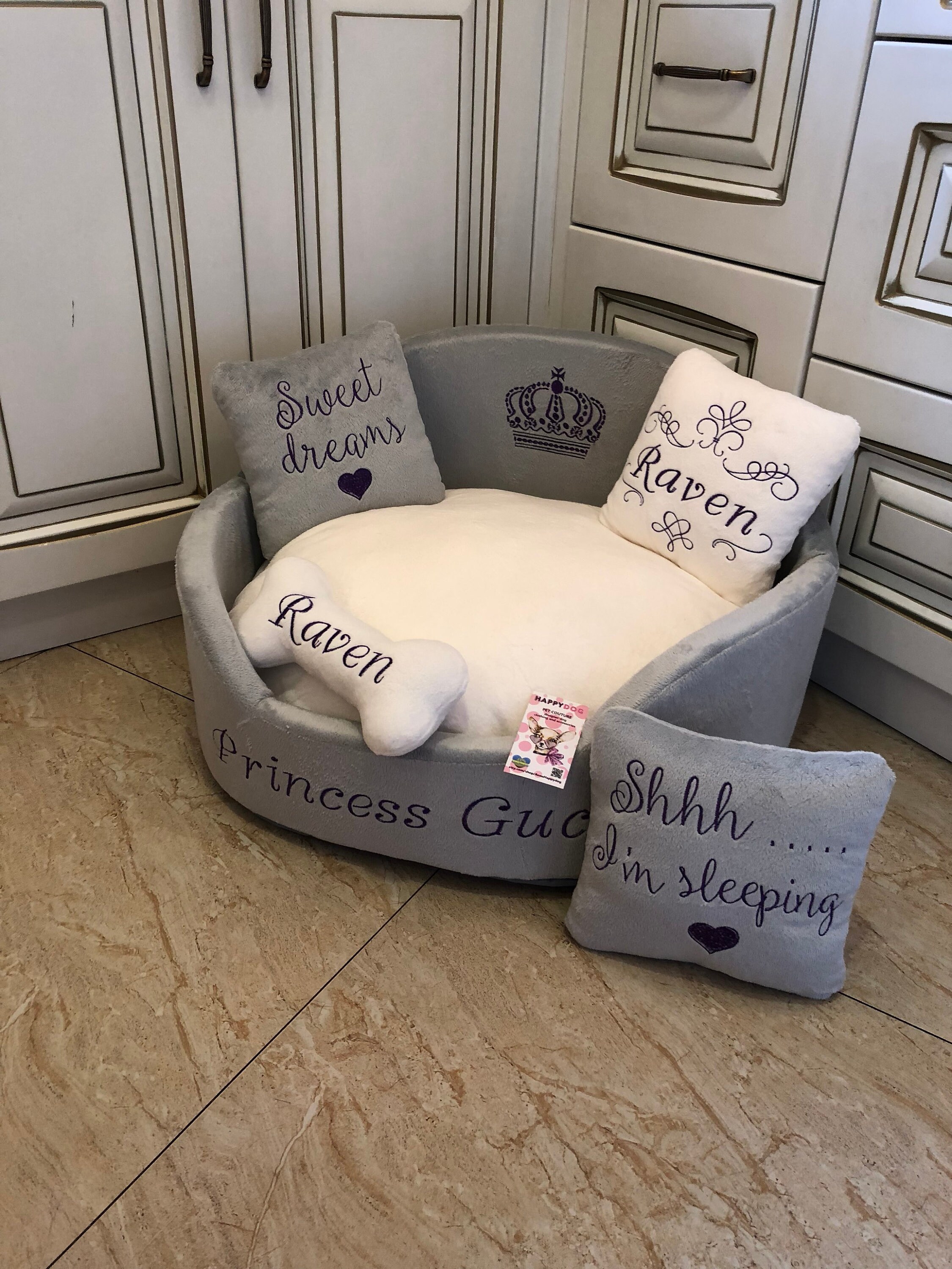 Gray and cream royal dog bed with purple embroidery Designer Etsy