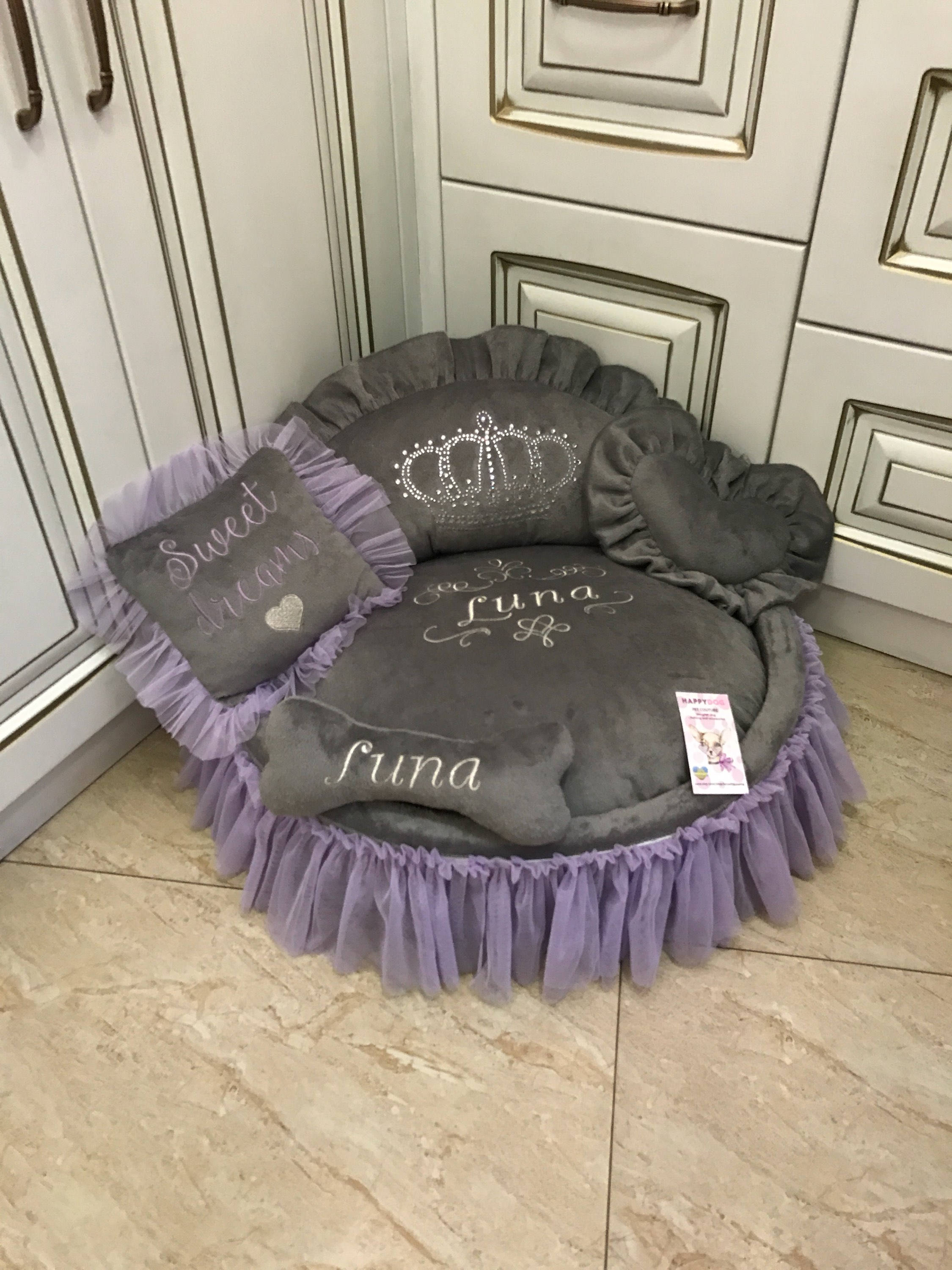 Gray princess pet bed with crown sparkles and bright pink Etsy