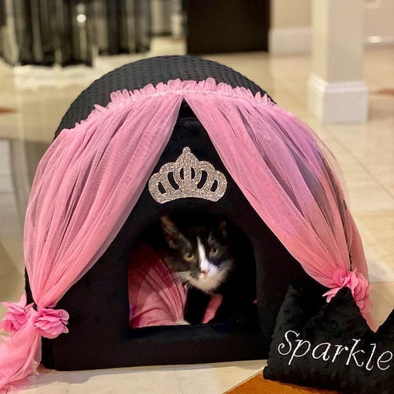 Princess Cat House: Luxury Black Pink Dog Bed With Tulle