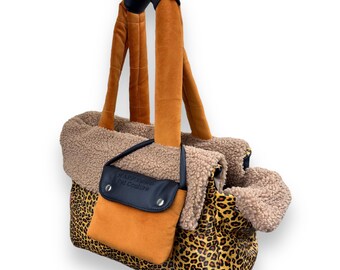 Transportín para mascotas de lujo con estampado de leopardo y forro de piel de peluche extraíble, talla S